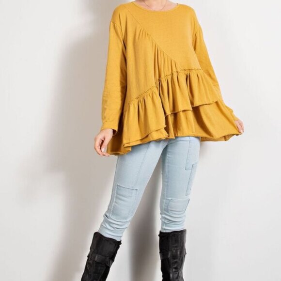 #14 - NISSA TIERED RUFFLED LONG SLEEVE MUSTARD TOP - Picture 2 of 5